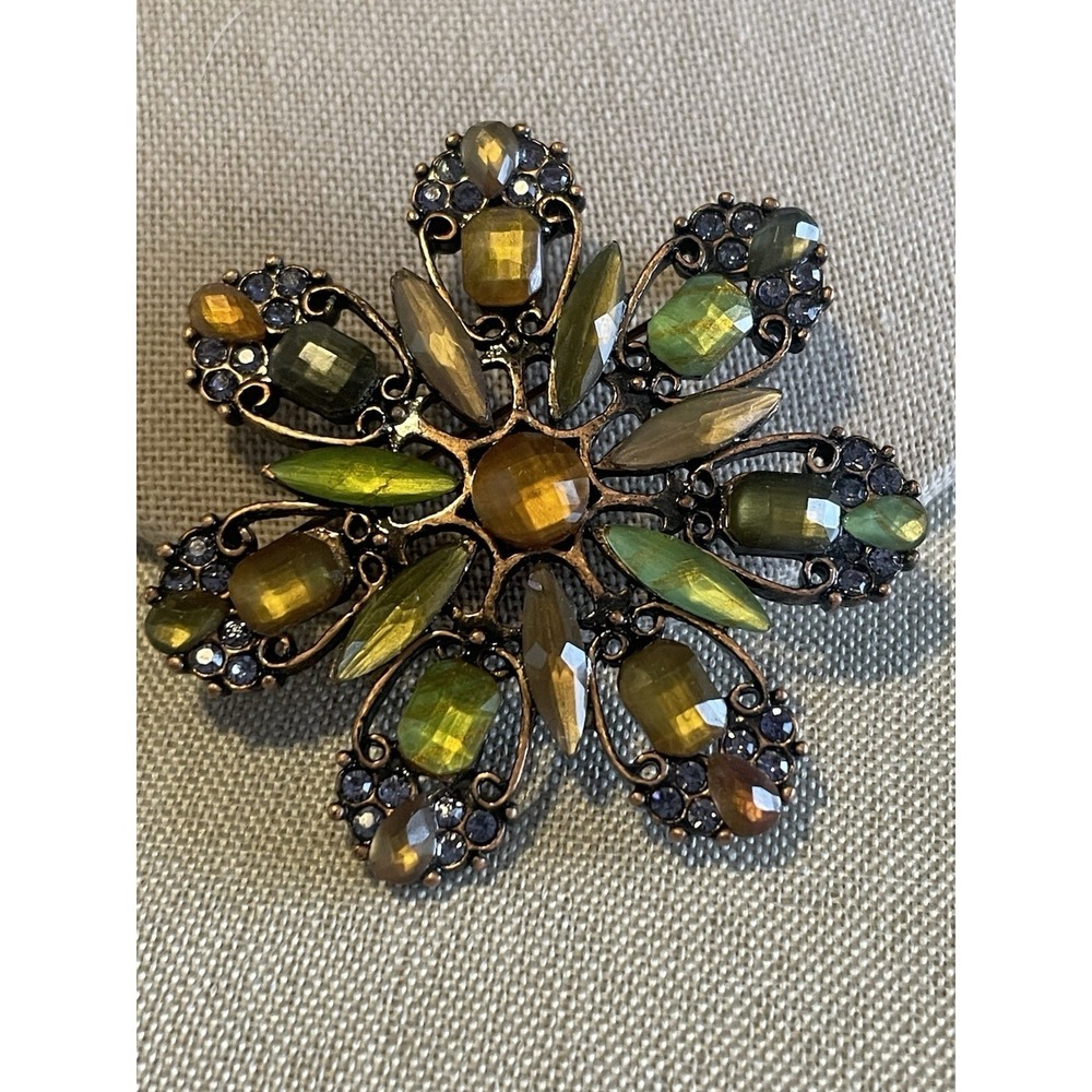 Vintage Floral Faceted Brooch Green Amber Rhinestone Gold Tone Statement Pin 2"